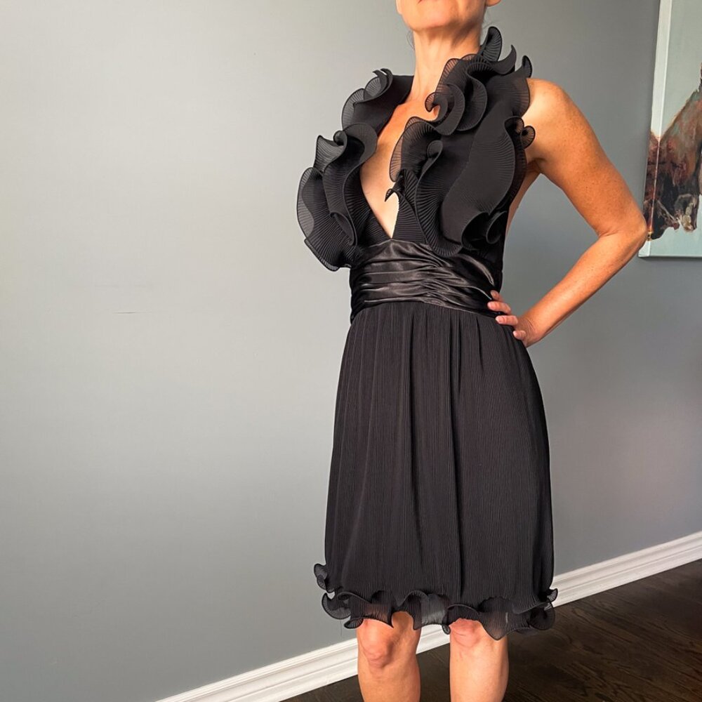 Calvin Klein Black Ruffle, Backless Dress, Plunging Neckline, Size 4